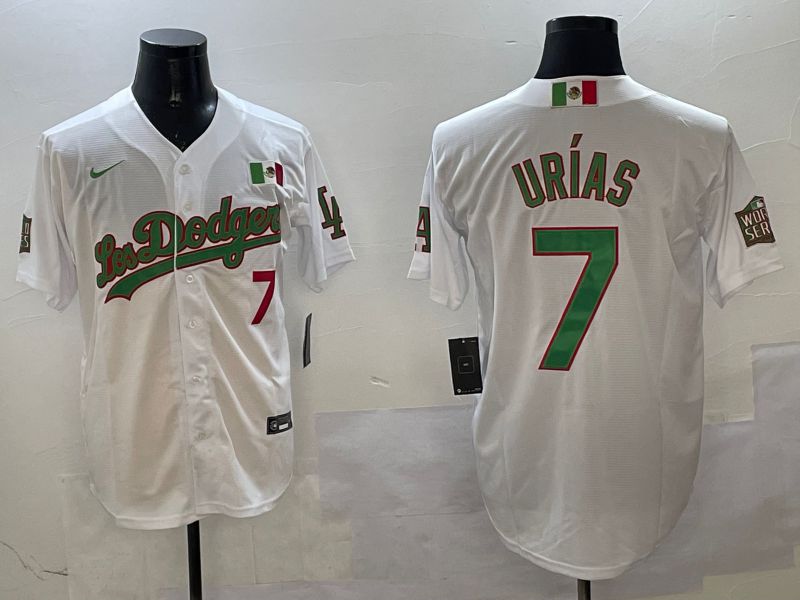 Men Los Angeles Dodgers 7 Urias White Green Game 2025 Nike MLB Jersey style 320